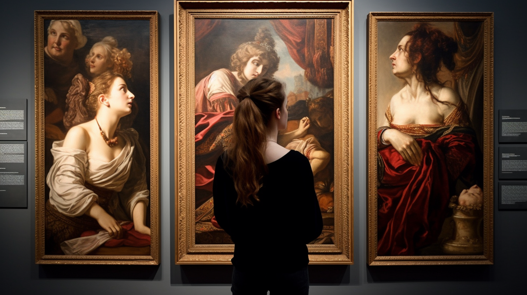 Girl intently observing a triptych of Renaissance-style artworks.