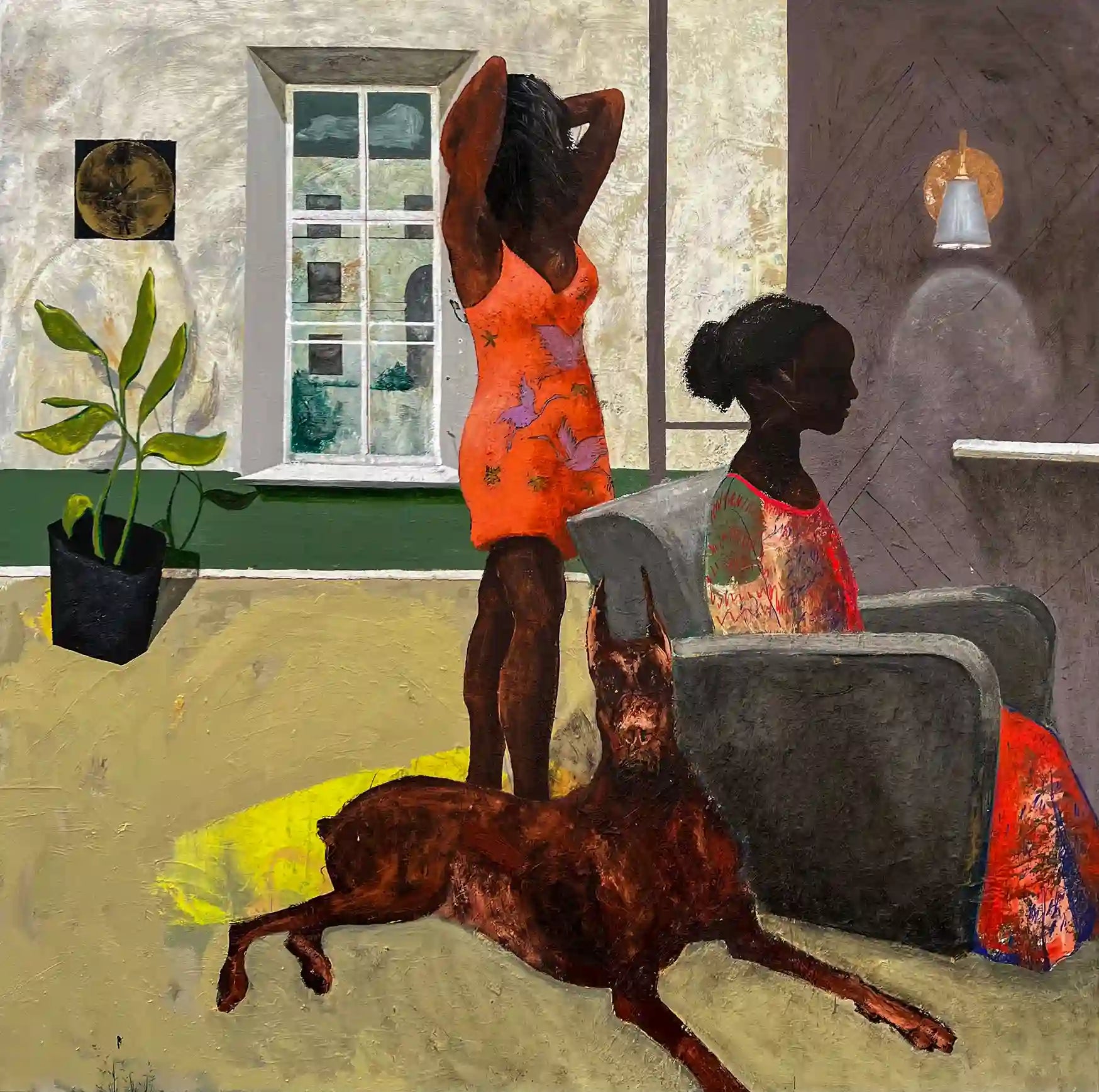 Oil on canvas painting titled 'Waiting' by Armenian artist Hayk Galoyan from 2022. The artwork, sized 60"x60", depicts two figures in an intimate indoor setting; one gazing out a window and the other seated contemplatively. A lounging dog and interior details like plants and a glowing lamp add depth to the scene.