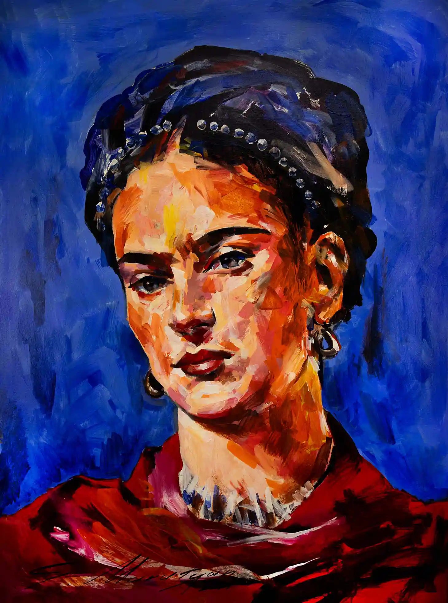 Frida Kahlo portrait by Armenian artist Samvel Marutyan. The artwork captures Kahlo's intense, deep eyes against a striking blue background, juxtaposed with her vibrant red dress. The harmonious interplay between the colors creates a compelling dialogue that draws the viewer in.