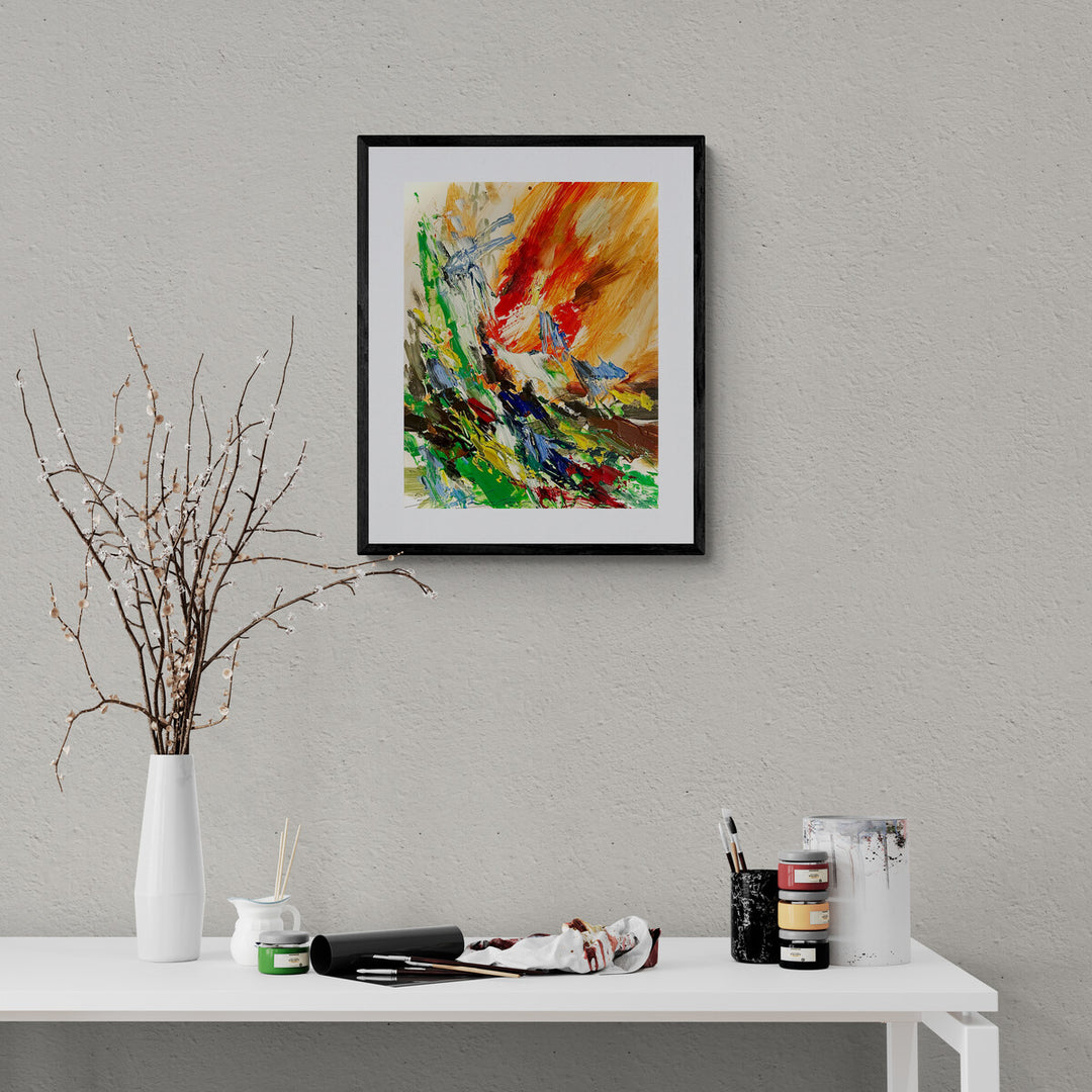 Abstract expressionist painting by Samvel Marutyan, with vibrant splashes of green and red, displayed on a wall beside a modern vase with dry branches.