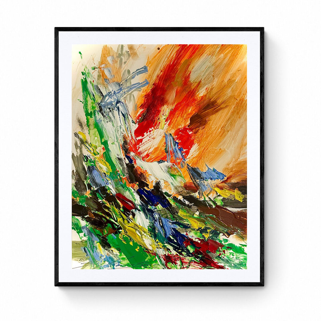 Framed abstract painting 'Summons' by Samvel Marutyan, featuring bold strokes of green, red, and yellow, creating a lively contrast against a white backdrop.