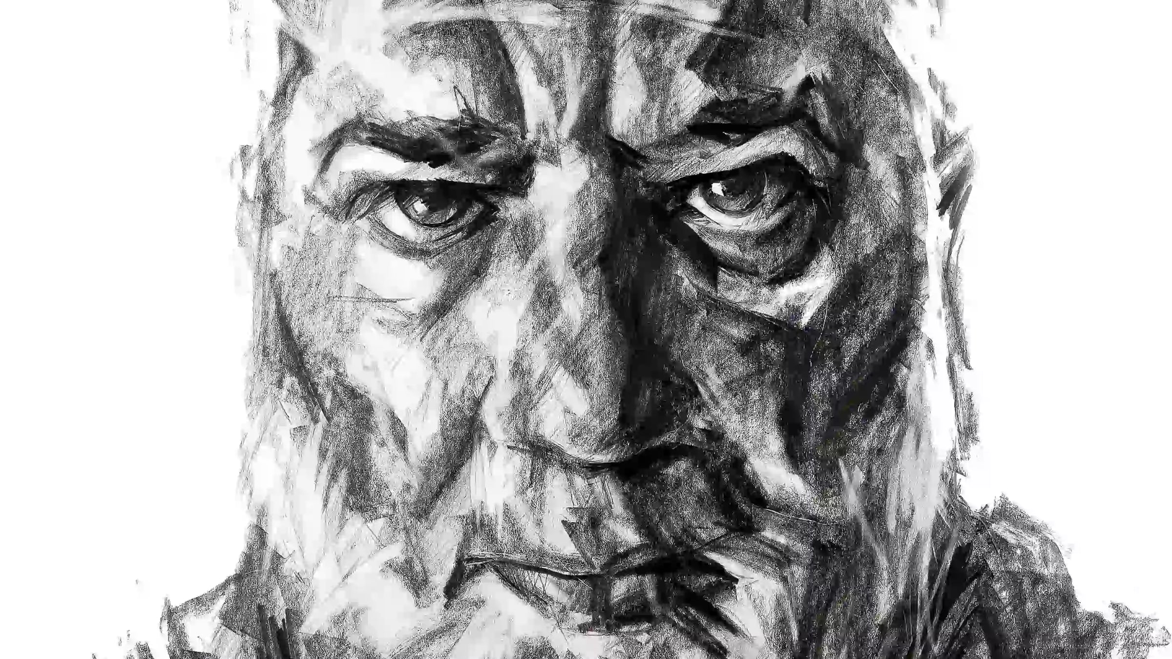 Black and white graphite portrait by renowned Armenian artist, Samvel Marutyan. Characterized by bold, large strokes, capturing the essence and emotion of the subject in striking monochrome.