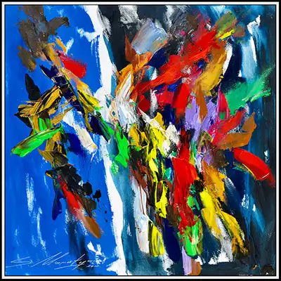 Abstract painting titled 'Zen' by Armenian artist Samvel Marutyan, showcasing a harmonious blend of vivid red, yellow, green, and blue brush strokes against a deep blue background, reminiscent of fiery energy and motion on a 48"x48" canvas.