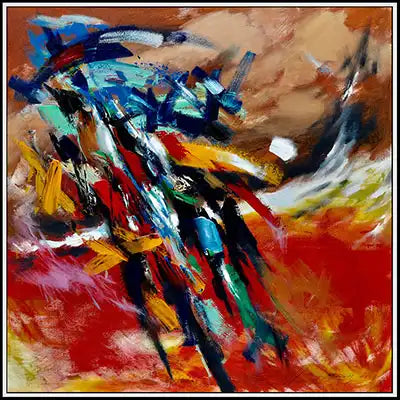 An abstract painting by Armenian artist Samvel Marutyan, featuring a dynamic blend of bold blue, red, yellow, and brown brush strokes, creating an impression of fiery motion. The artwork is acrylic on a 48"x48" canvas.